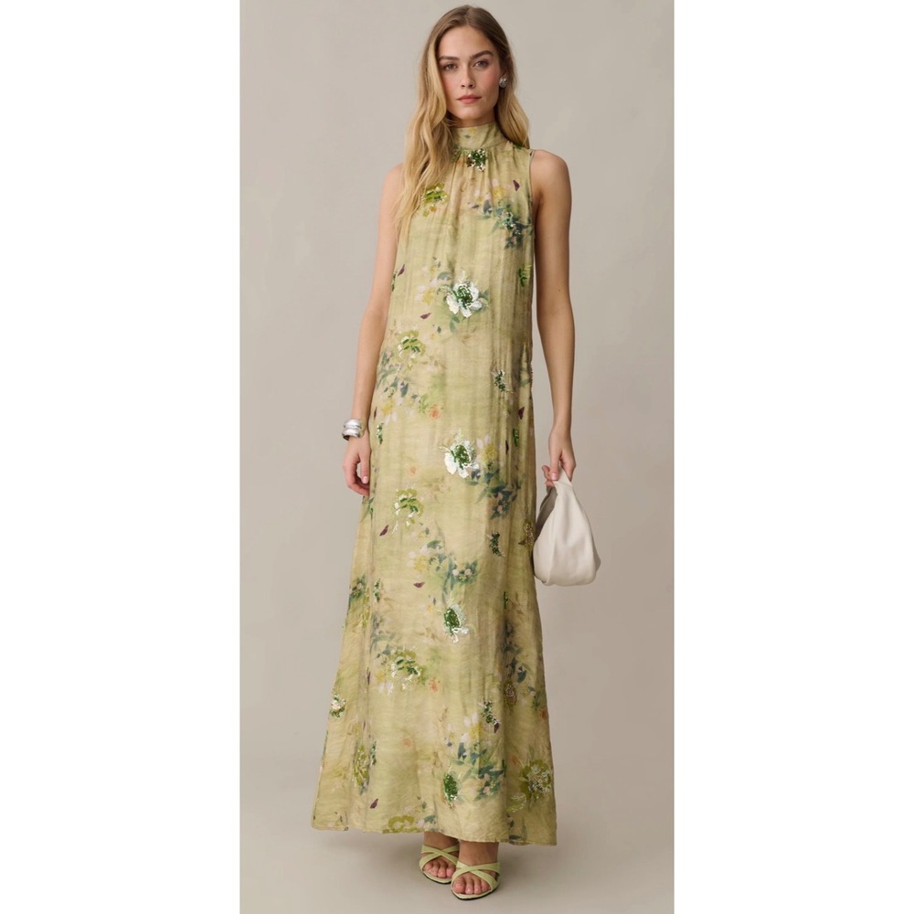 Few Moda o.p.t One Pretty Time Green Floral Sequin Open Back Maxi Dress S